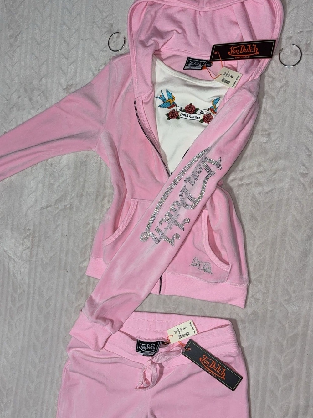 NWT Von Dutch Pink Velour Zip Hoodie with Glitter Logo & Matching Joggers